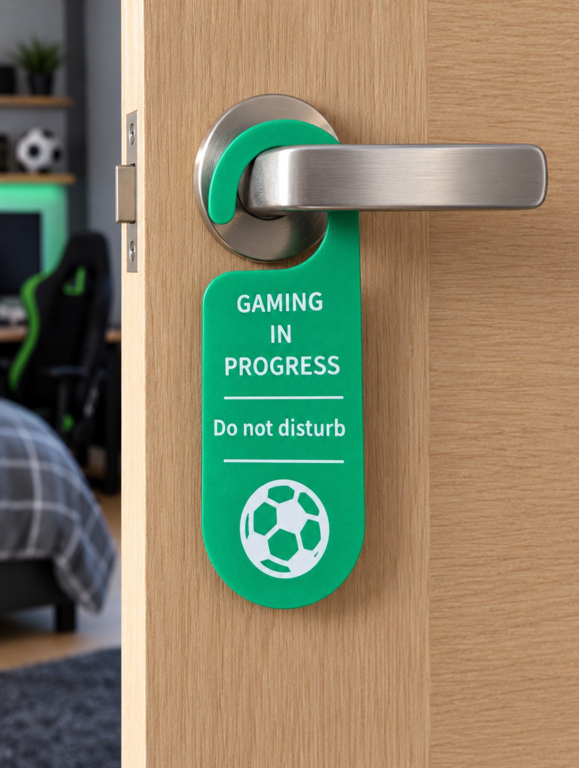 Green 3D printed Gaming in Progress door hanger with football design