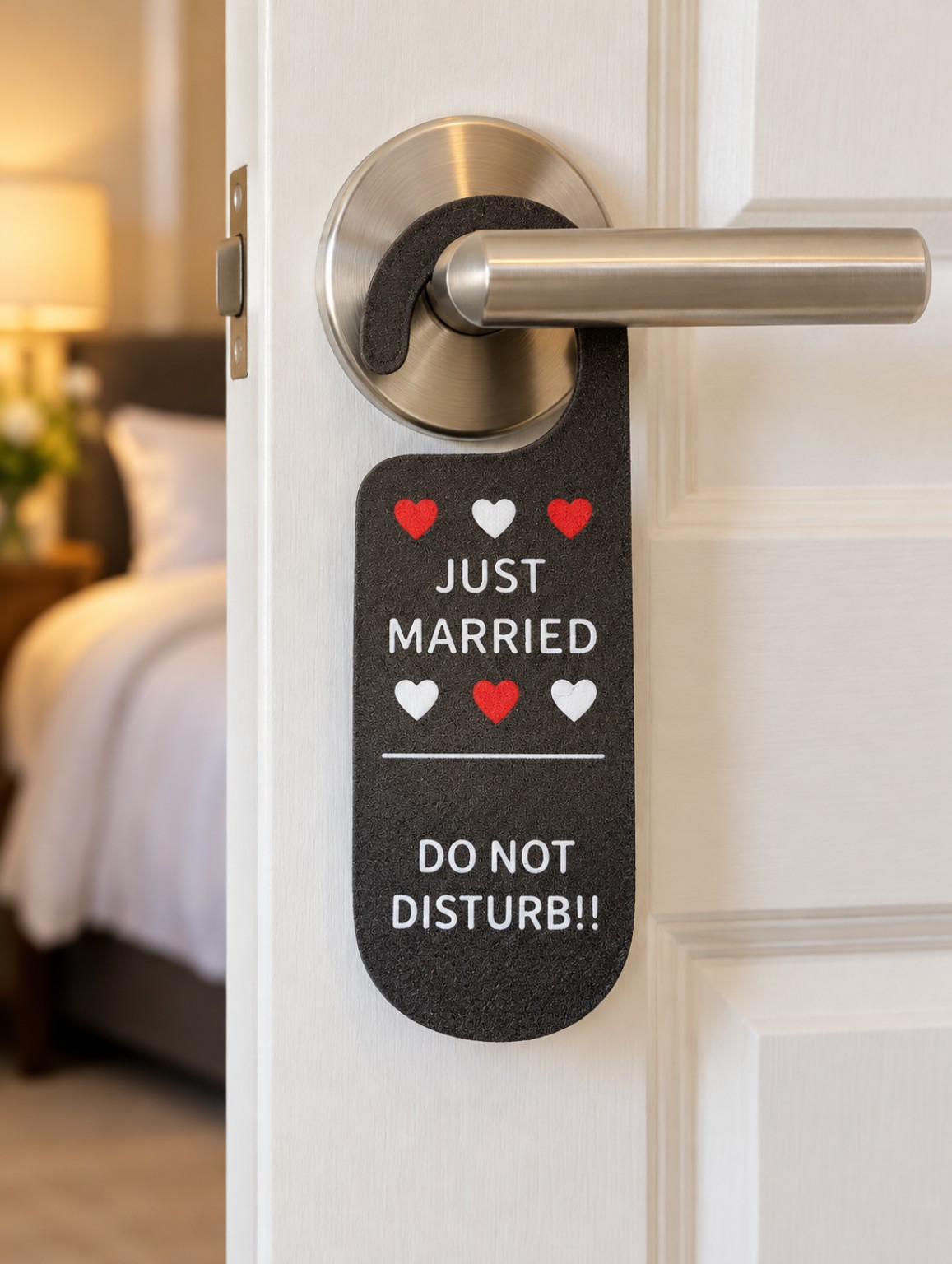 Black 3D printed Just Married do not disturb door hanger with red and white hearts