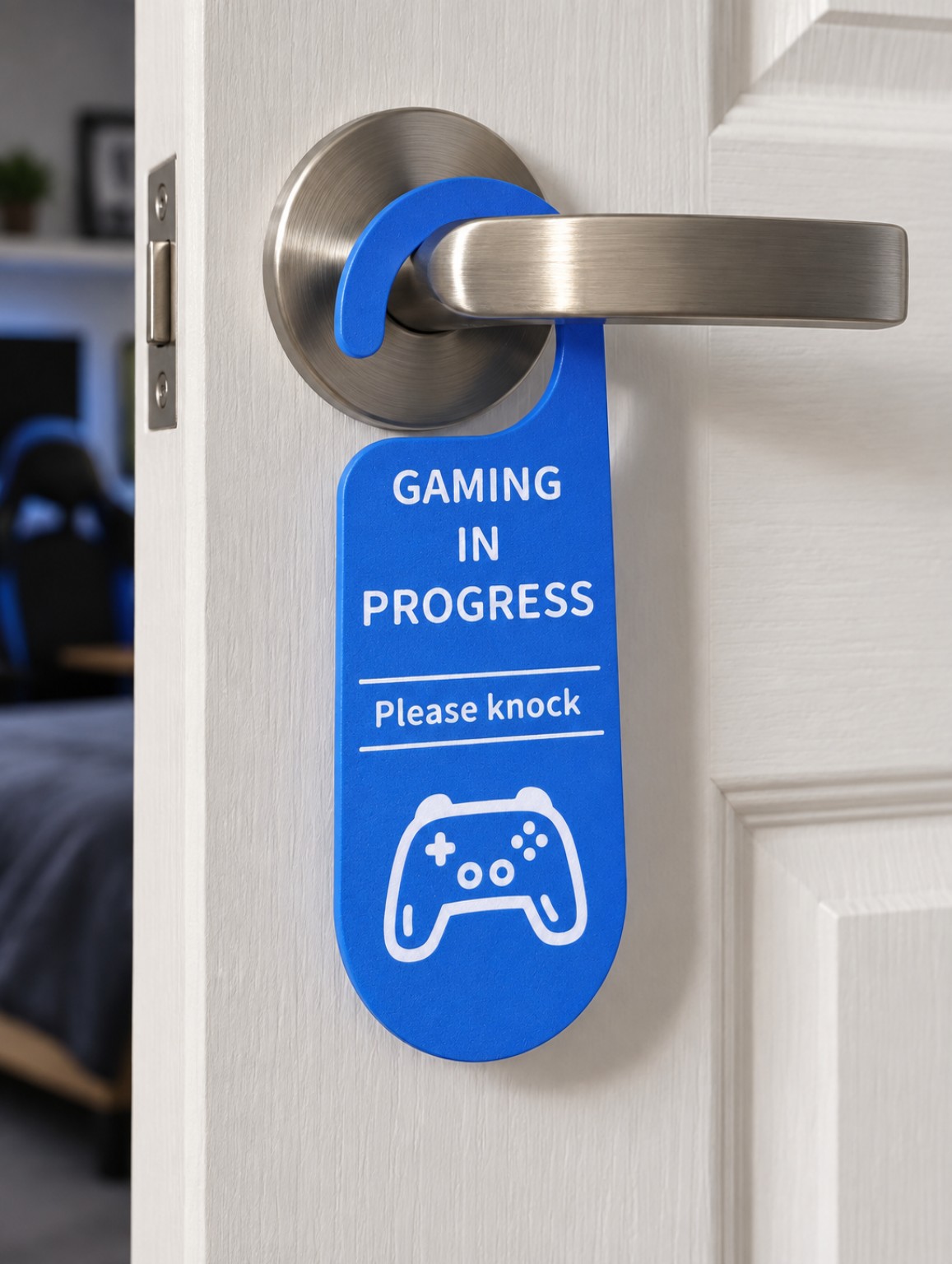 Blue 3D printed Gaming in Progress please knock door hanger with controller design