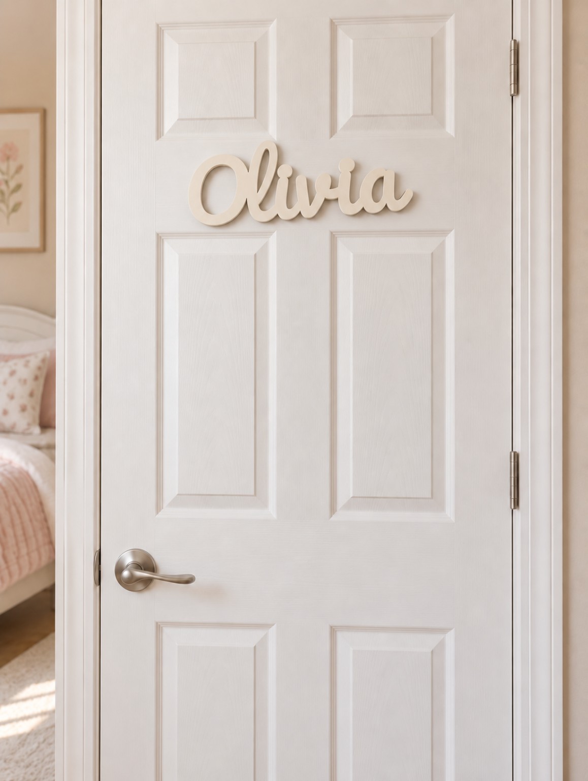 Laser-cut Olivia name displayed on a bedroom door